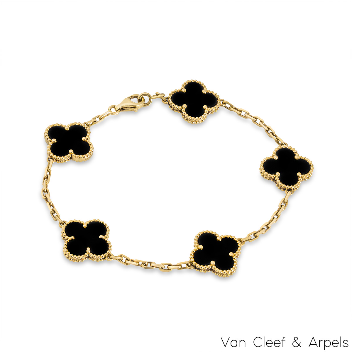 Van Cleef & Arpels 18k Yellow Gold 5 Motif Onyx Alhambra Bracelet